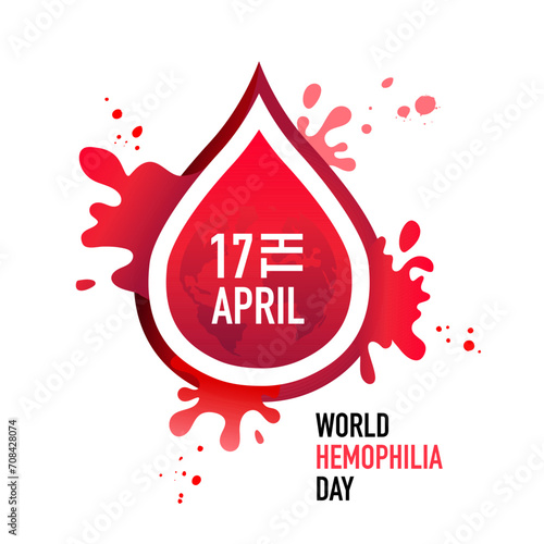 April 17 - World Hemophilia Day. Spreading drop of blood and a globe. Rare disease is a blood clotting disorder