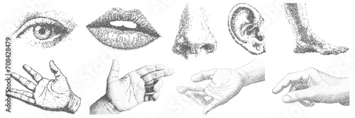 set of Retro stipple effect elements set. eyes and lips, mouths, nose and hand Abstract stipple sand effect