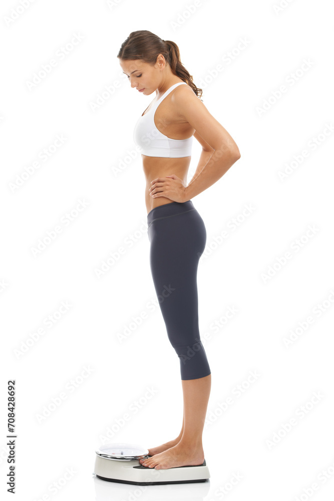 Woman, scale and for lose weight diet in studio for healthy body, performance or self care. Female person, equipment and target or mockup on white background for fitness training, routine or goals Woman, scale and for lose weight diet in studio for healthy body, performance or self care. Female person, equipment and target or mockup on white background for fitness training, routine or goals