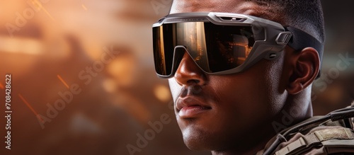 Soldier wearing advanced sunglasses with holographic display  seen up close.