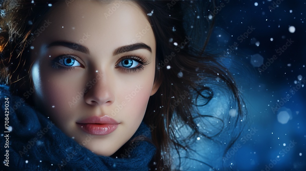Fashionable woman in blue coat and scarf with snowflakes trendy fashion flyer design Fashionable woman in blue coat and scarf with snowflakes trendy fashion flyer design