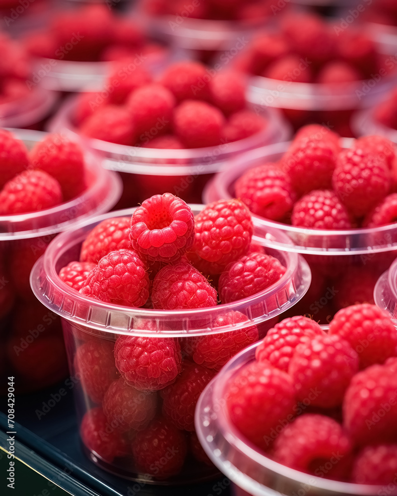 Close-up plastic glass on shelf in supermarket with raspberries ready to take away. Quick, healthy snack from berries in convenient container Close-up plastic glass on shelf in supermarket with raspberries ready to take away. Quick, healthy snack from berries in convenient container