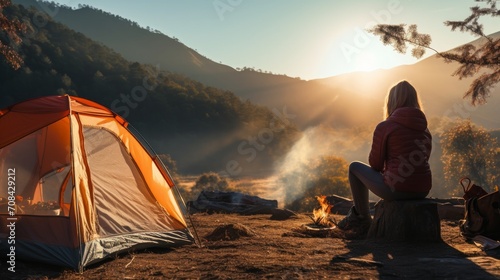 Woman traveller camping in campsite with freshly morning action