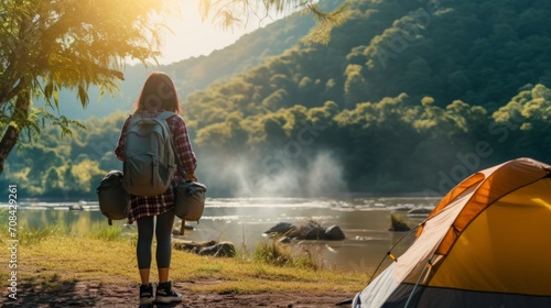 Woman traveller camping in campsite with freshly morning action