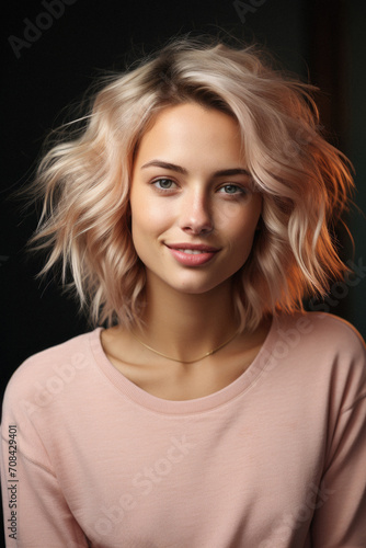 Portrait of beautiful young woman with blond hair on dark background .