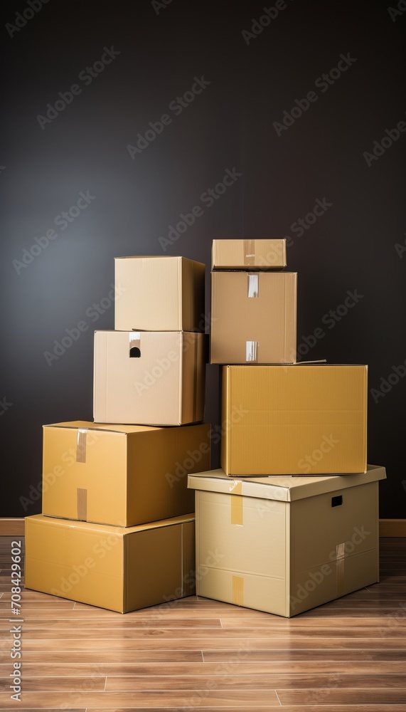 Donation concept cat sitting in cardboard box amidst stack of moving boxes in new home Donation concept cat sitting in cardboard box amidst stack of moving boxes in new home