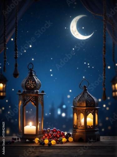 Muslim holiday in the holy month of Ramadan Kareem. Beautiful sky background with lanterns on shining wood Fanus. vertical background