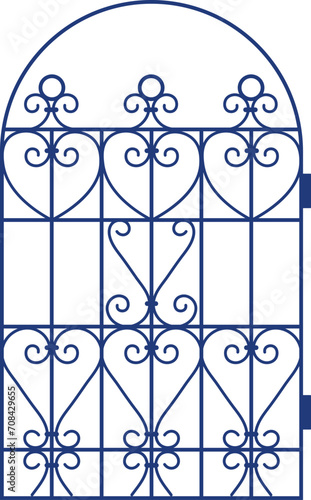 Blue wrought iron gate with ornate swirls and geometric designs. Elegant metal entrance arch vector illustration.