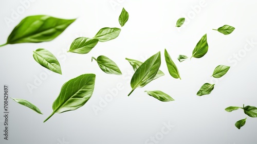 A group of soaring basil leaves against a white backdrop, close up, raw food, falling, Generative AI.