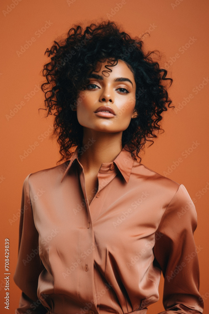 Young pretty african american woman with curly hair posing on brown background, lifestyle people concept