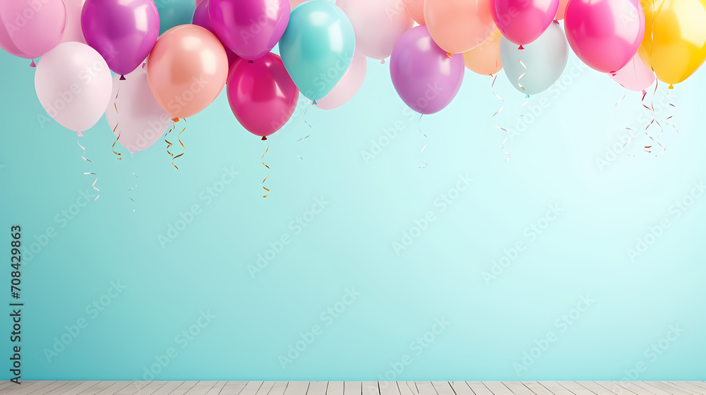 Holiday celebration background with balloons, golden sparkling confetti and ribbons