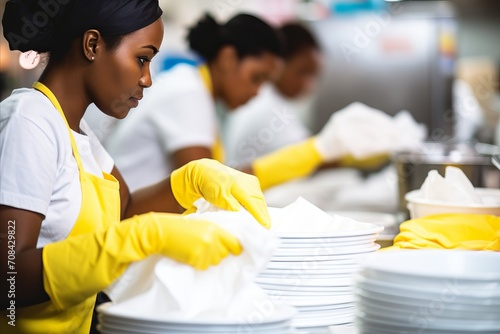 Black woman washing dishes in bright industrial kitchen with white tableware and yellow gloves photo
