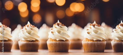 Homemade carrot cake muffins with cream cheese frosting on blurred background with copy space photo