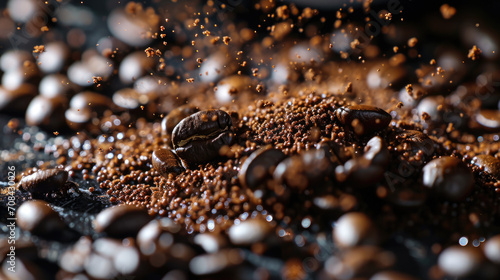 Coffee beans are captured in mid-air with a dynamic explosion of ground coffee, creating a vivid and energetic scene.