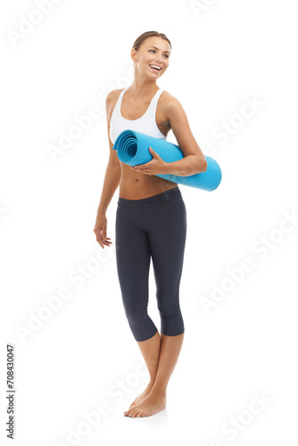Woman, yoga mat and health fitness in studio for muscle flexibility, exercise or training. Female person, pilates and white background for mockup space or self care wellness, performance or strong