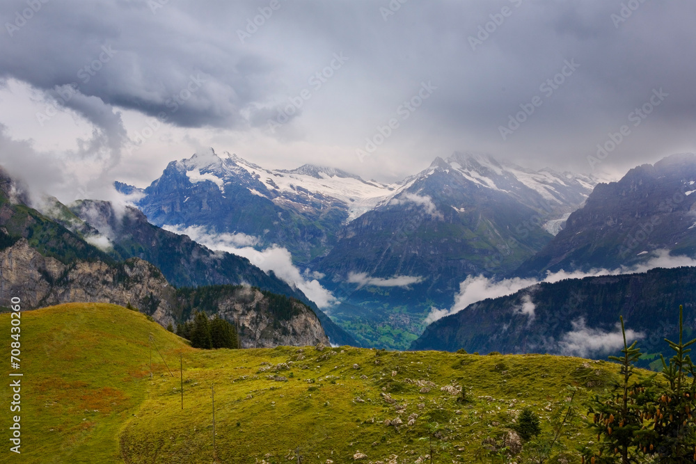 Bernese Oberland, Switzerland: the Lütschental, with Grindelwald on the valley floor, from Schynige Platte, with the peaks of the Wetterhorn and the Mättenberg in the distance