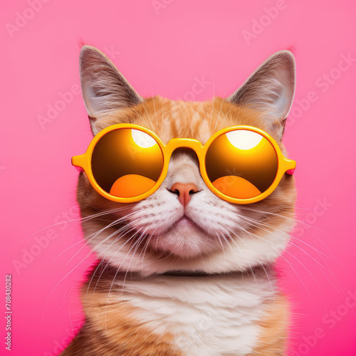 Close Up of Cat Wearing Sunglasses, Funny and Playful Pet Portrait