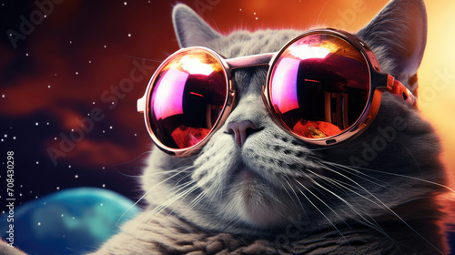 Cat Wearing Red Sunglasses in Space