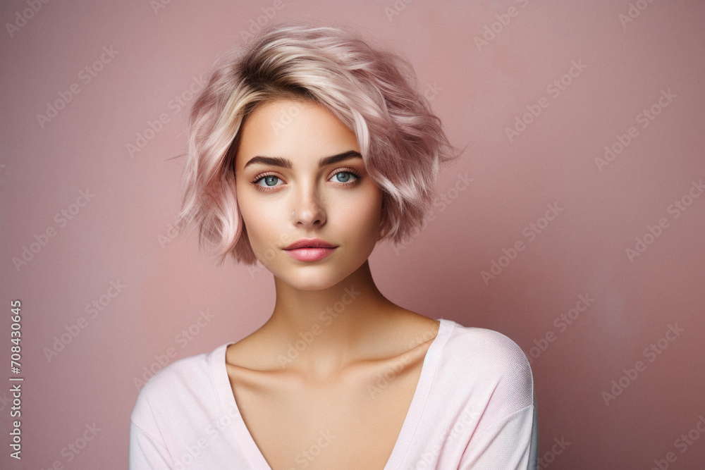 Portrait of a beautiful young woman with pink hair on a pink background Portrait of a beautiful young woman with pink hair on a pink background