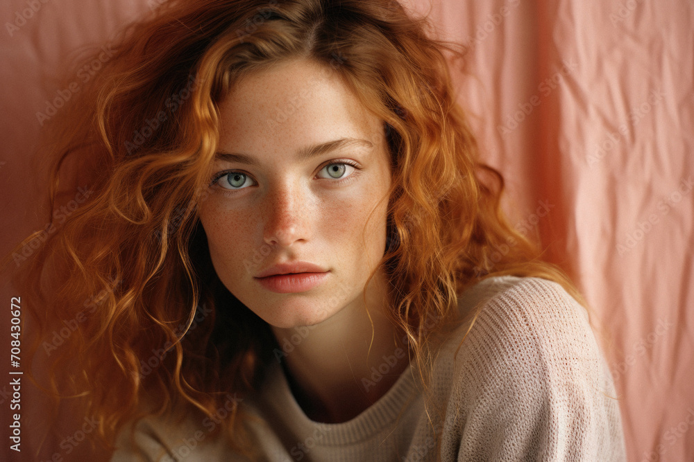 Naklejka premium Portrait of a beautiful young redhead girl with freckles