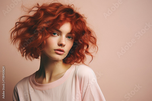 Portrait of a beautiful young woman with red hair on a pink background