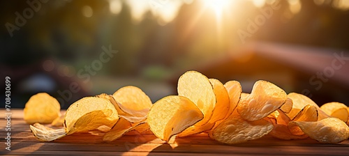 Deliciously crisp potato chips on a blurred background with space for text placement. photo
