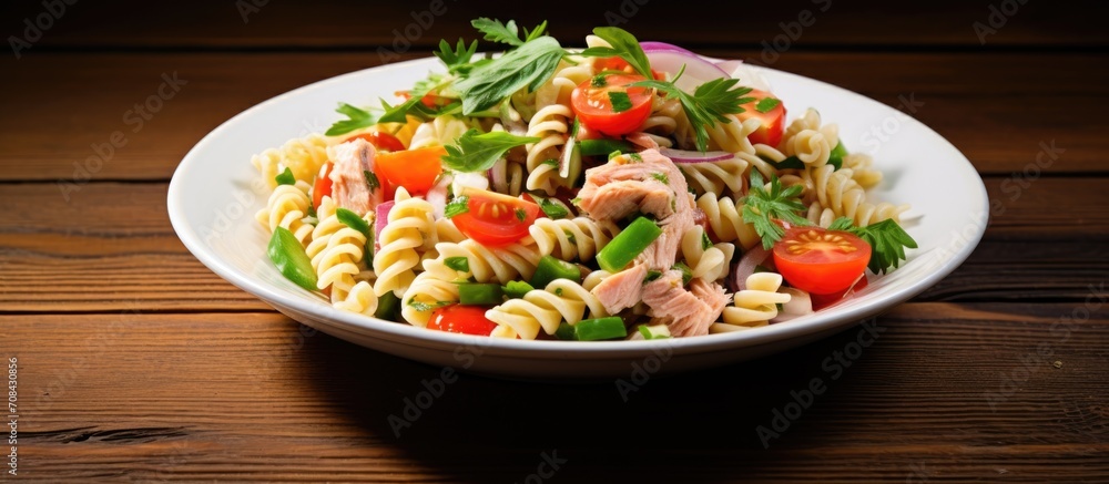 Consuming a nutritional pasta salad with organic ingredients, including vegetables and tuna. Consuming a nutritional pasta salad with organic ingredients, including vegetables and tuna.