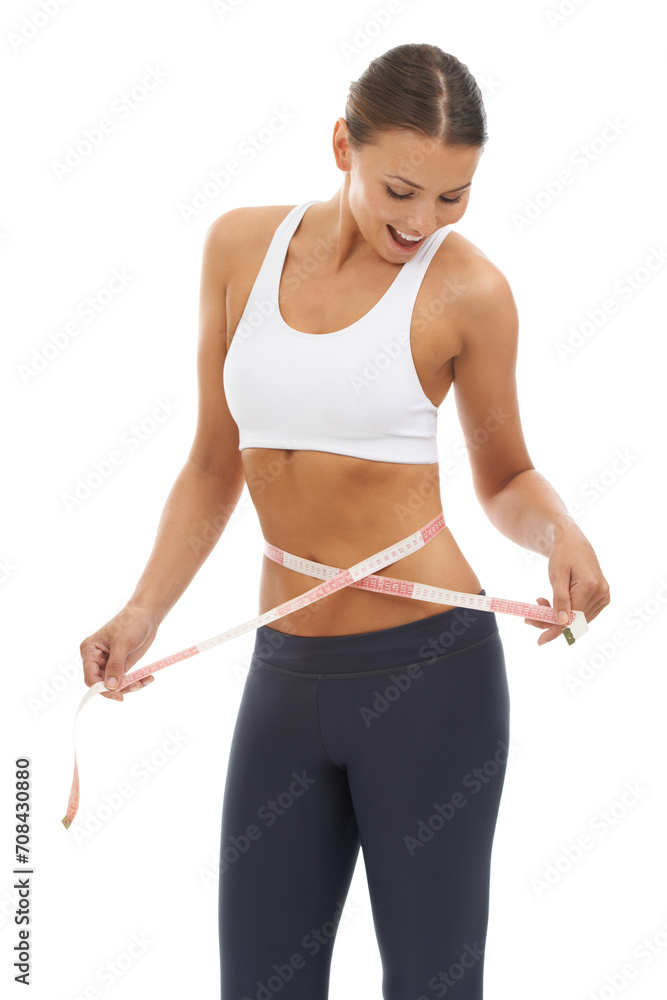 Woman, lose weight and happy with results on measuring tape in studio or white background. Fitness, check and person reading measurement and size of body for health, wellness and progress in goals Woman, lose weight and happy with results on measuring tape in studio or white background. Fitness, check and person reading measurement and size of body for health, wellness and progress in goals