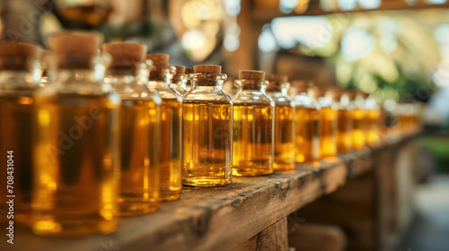 Row of amber oil bottles on shelf.