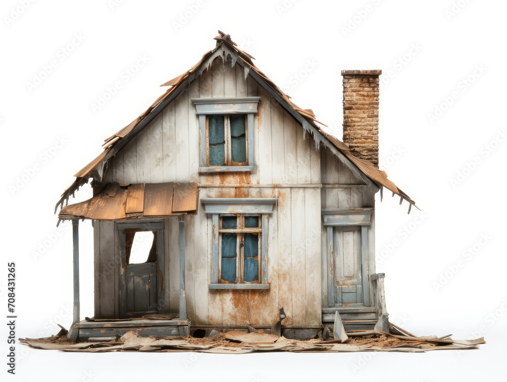 Dilapidated House With Broken Roof and Window