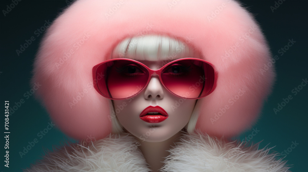 Fashionable young woman with trendy stylish red sunglasses, glossy lips, pink fluffy hat Fashionable young woman with trendy stylish red sunglasses, glossy lips, pink fluffy hat