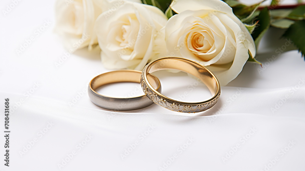flowers and two simple golden wedding rings on white background flowers and two simple golden wedding rings on white background
