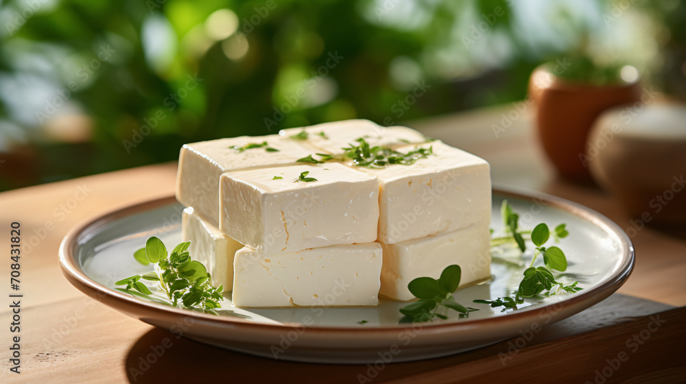  Delicious white tofu on a plate with blur background