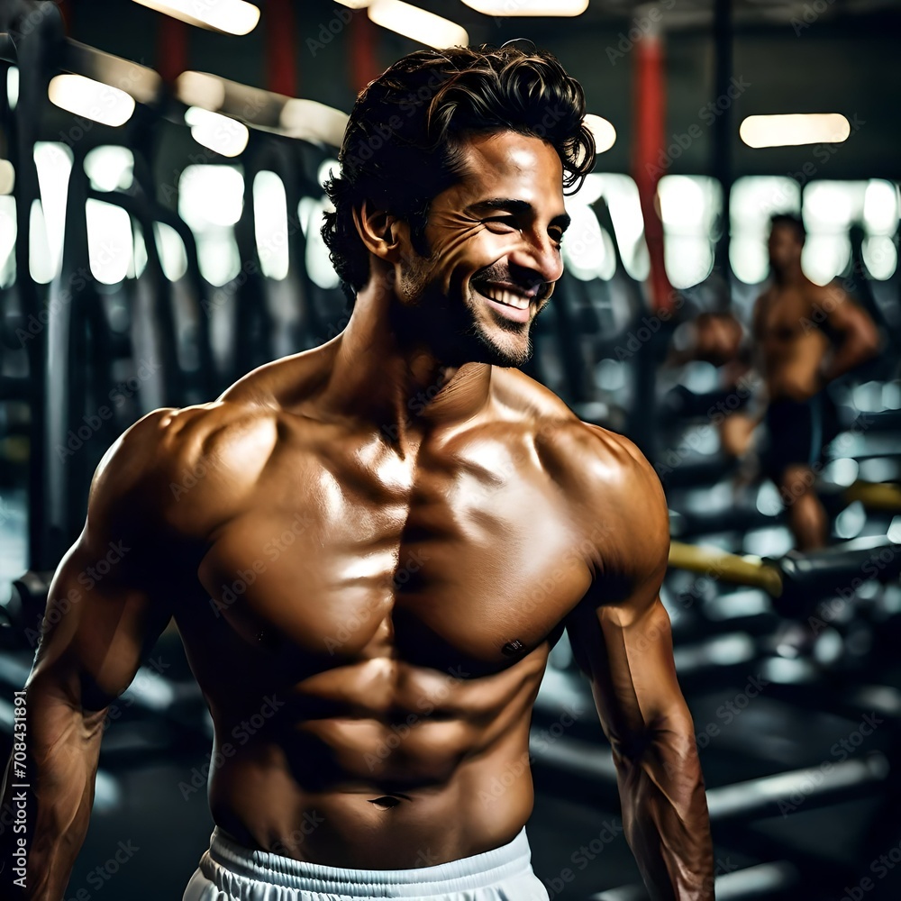 photograph of a smiling handsome Latino male athlete in a gym, sweaty after exercising photograph of a smiling handsome Latino male athlete in a gym, sweaty after exercising