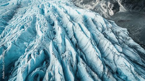 Aerial view of icy glacier intricate patterns and deep crevasses.