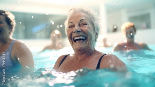 Candid Shots of Senior Women Laughing, Swimming and Exercising in Aqua Fit Class to Embody a Healthy Retirement Lifestyle © Sandris_ua