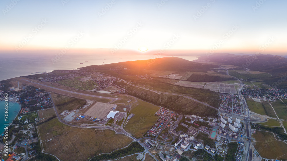 Gelendzhik, Russia. Panoramic view of the city and bay. Summer sunset. Aerial view