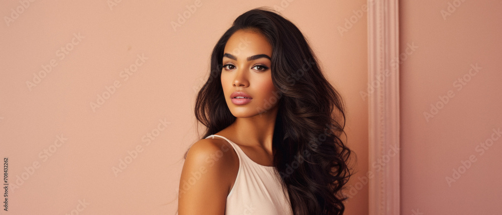 Beautiful african american woman with long curly hair and makeup - obrazy, fototapety, plakaty 