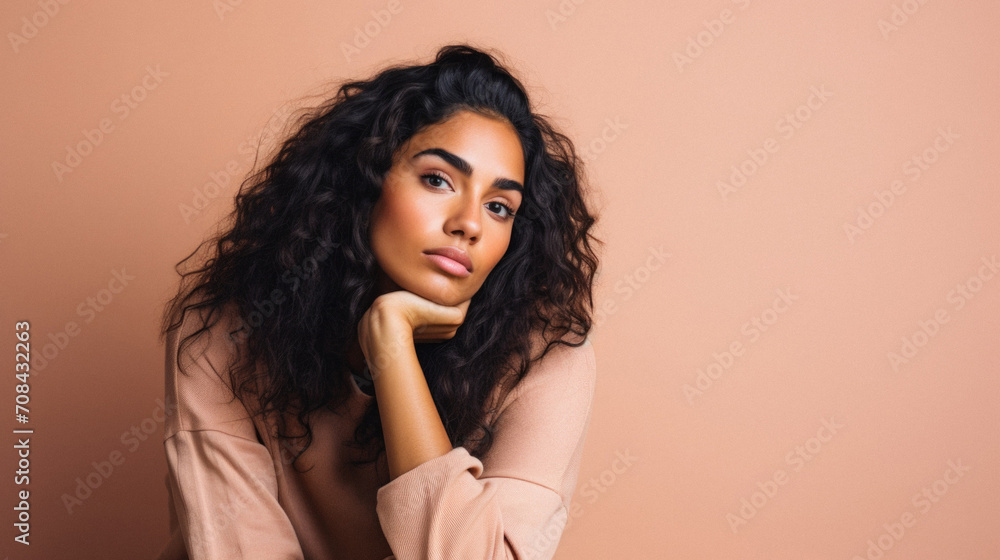 Beautiful young woman in beige coat on beige background Beautiful young woman in beige coat on beige background