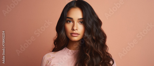 Wallpaper Mural Beautiful young woman with long curly hair on pink background Torontodigital.ca