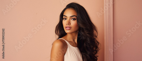 Beautiful african american woman with long curly hair and makeup photo