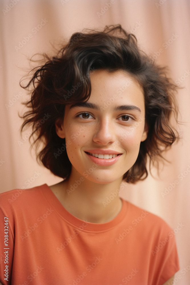 Portrait of a young beautiful woman with curly hair in the room Portrait of a young beautiful woman with curly hair in the room