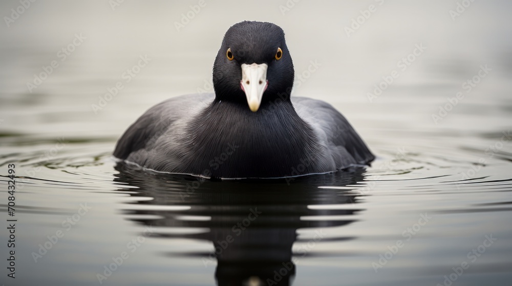 Blue-Avian American Coot in its Natural Habitat, Swimming through the Water of the Wildlife Reserve. Blue-Avian American Coot in its Natural Habitat, Swimming through the Water of the Wildlife Reserve.