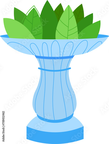 Blue classic vase with a bunch of green leaves. Simplified floral design, decorative plant in vase vector illustration.