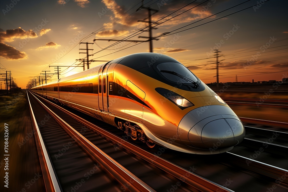 Naklejka premium Sleek and modern high speed train rushing along the tracks with dramatic motion blur effect