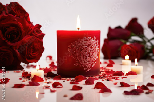 Red Candle Surrounded by Roses and Petals