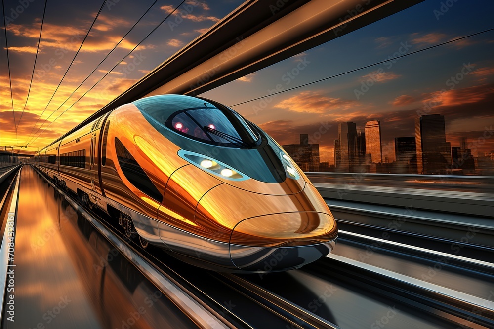 High speed train rushing along the tracks, showcasing its incredible velocity and sleek design