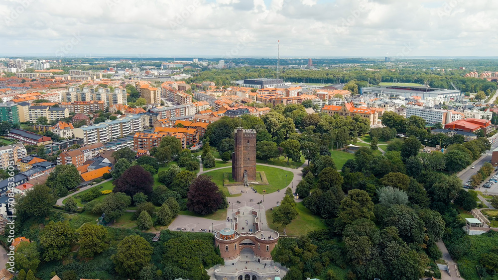 Helsingborg, Sweden. Karnan - Surviving 35-meter tower of a medieval castle. Summer day. Cloudy weather, Aerial View