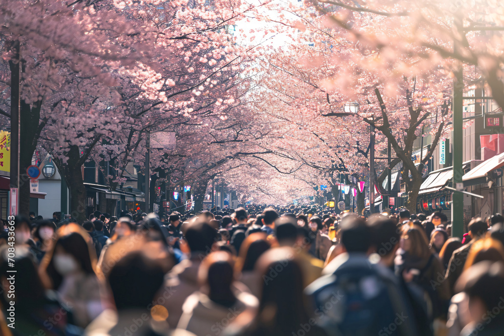 crowd in city japan with sakura festival