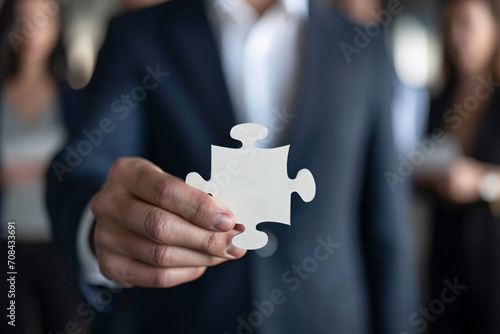 businessman holding a peice of white puzzle photo